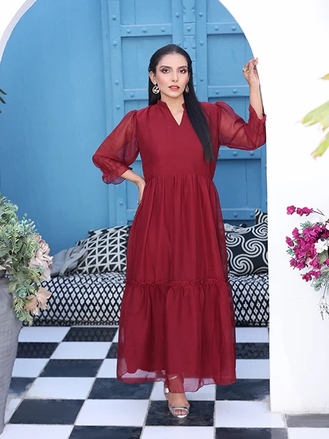 Flary Long Maroon Frock FR-614N